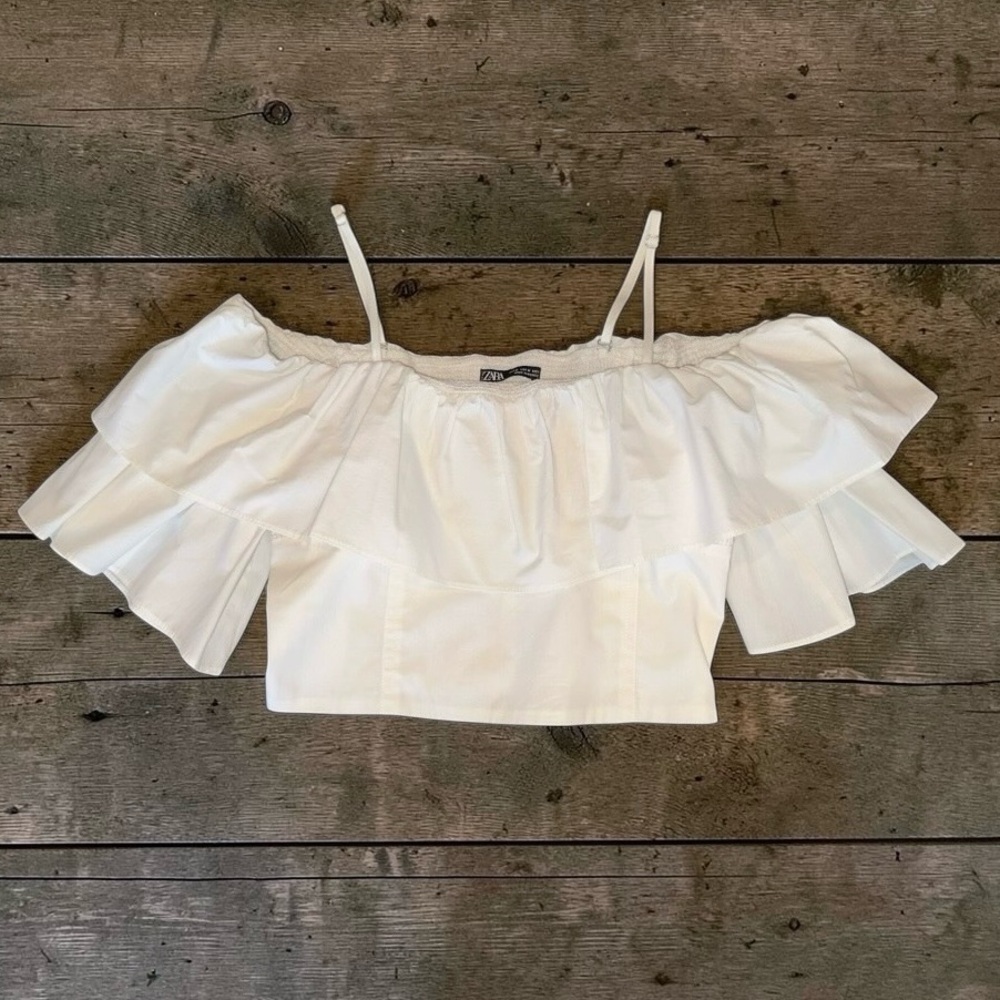 Zara Cropped Blouse Women’s Off-Shoulder White Cotton Ruffle Top Sz M - Picture 2 of 7